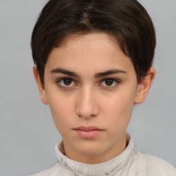 Neutral white young-adult female with short  brown hair and brown eyes