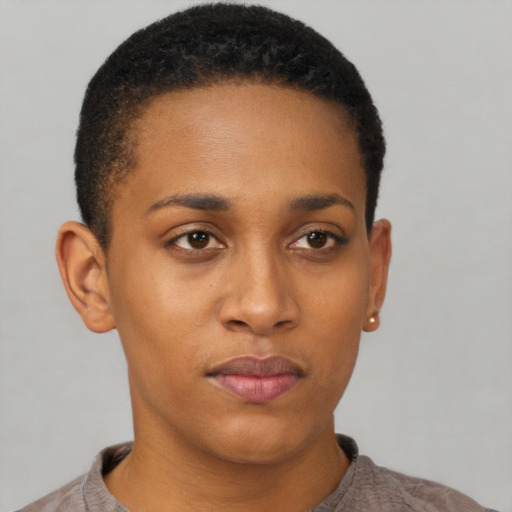 Neutral black young-adult female with short  black hair and brown eyes