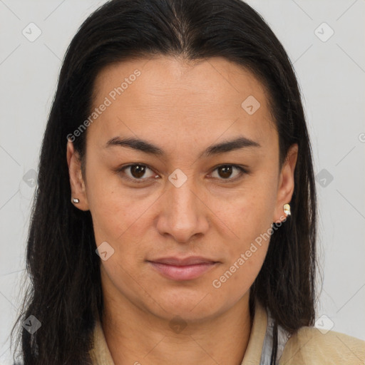 Joyful latino young-adult female with long  brown hair and brown eyes