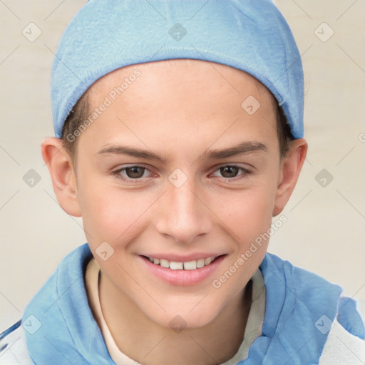 Joyful white child female with short  brown hair and brown eyes