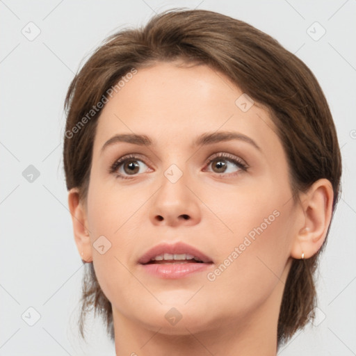 Neutral white young-adult female with medium  brown hair and brown eyes