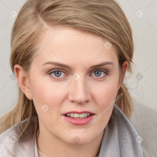 Joyful white young-adult female with medium  brown hair and blue eyes