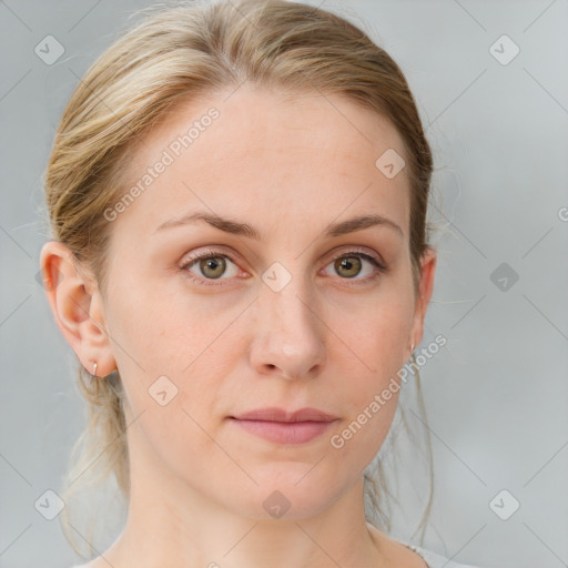 Neutral white young-adult female with medium  brown hair and blue eyes