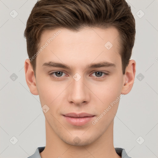 Neutral white young-adult male with short  brown hair and brown eyes