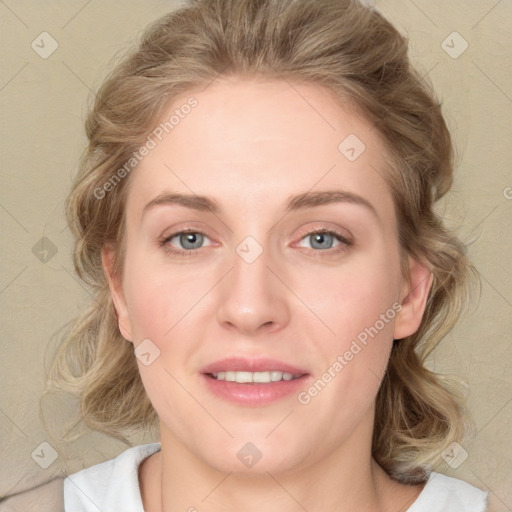 Joyful white young-adult female with medium  brown hair and blue eyes