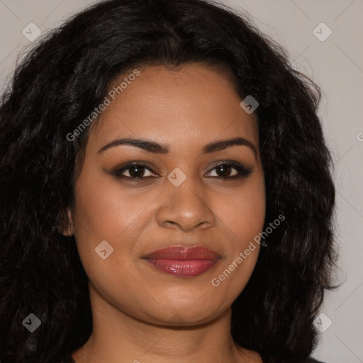 Joyful latino young-adult female with long  black hair and brown eyes