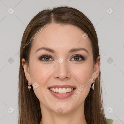 Joyful white young-adult female with long  brown hair and grey eyes