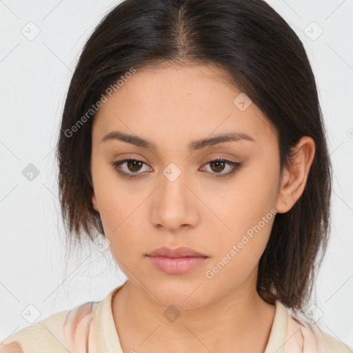 Neutral asian young-adult female with medium  brown hair and brown eyes