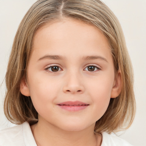 Joyful white child female with medium  brown hair and brown eyes