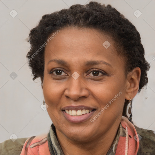 Joyful black adult female with short  brown hair and brown eyes