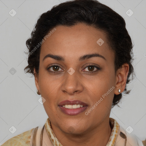 Joyful latino young-adult female with short  brown hair and brown eyes