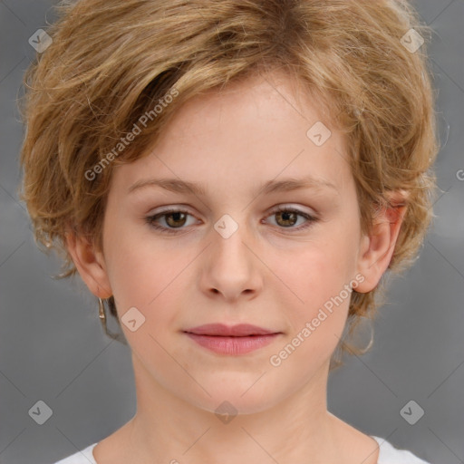 Joyful white child female with medium  brown hair and grey eyes