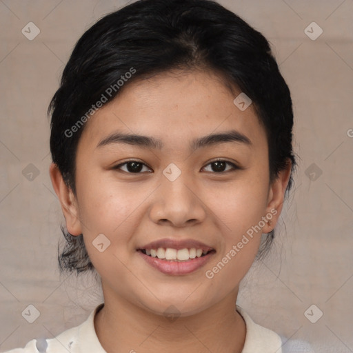 Joyful asian young-adult female with short  brown hair and brown eyes