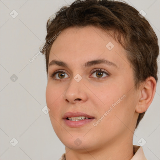 Joyful white young-adult female with short  brown hair and brown eyes