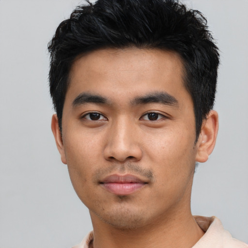 Neutral asian young-adult male with short  black hair and brown eyes