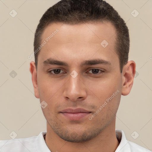 Neutral white young-adult male with short  brown hair and brown eyes