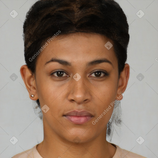 Joyful latino young-adult female with short  brown hair and brown eyes