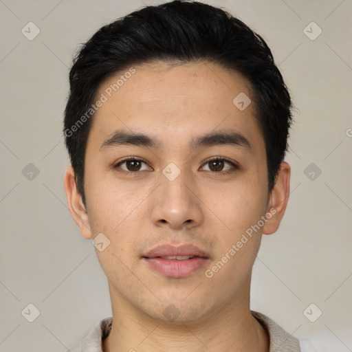 Neutral latino young-adult male with short  black hair and brown eyes