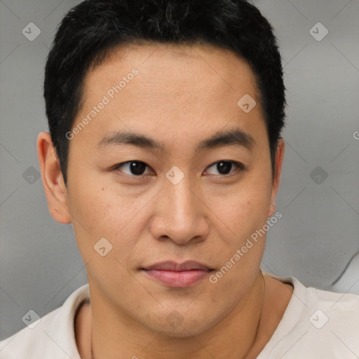 Joyful latino young-adult male with short  brown hair and brown eyes