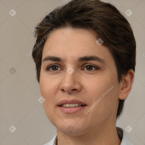 Joyful white young-adult female with short  brown hair and brown eyes