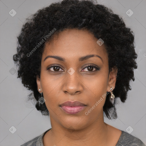 Neutral black young-adult female with short  black hair and brown eyes