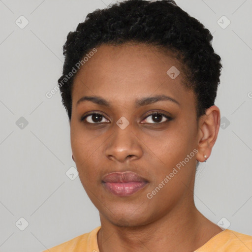 Neutral black young-adult female with short  black hair and brown eyes