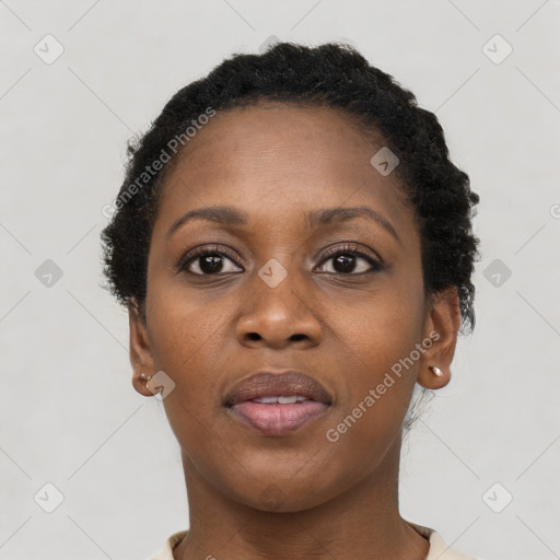 Neutral black young-adult female with short  black hair and brown eyes