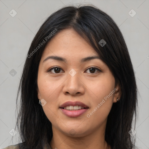 Joyful latino young-adult female with long  brown hair and brown eyes