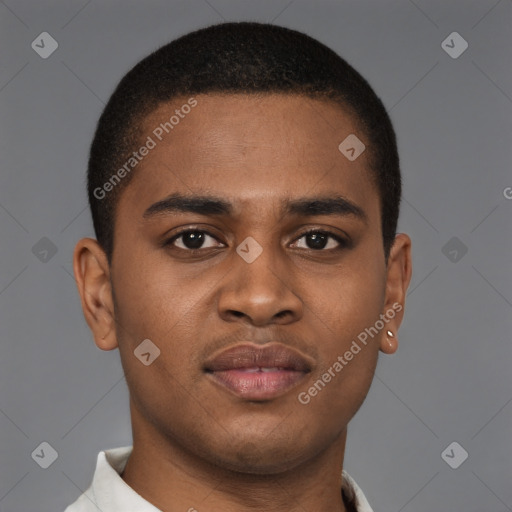 Joyful black young-adult male with short  brown hair and brown eyes
