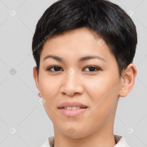 Joyful asian young-adult female with short  brown hair and brown eyes