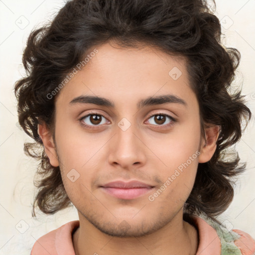 Joyful white young-adult male with medium  brown hair and brown eyes