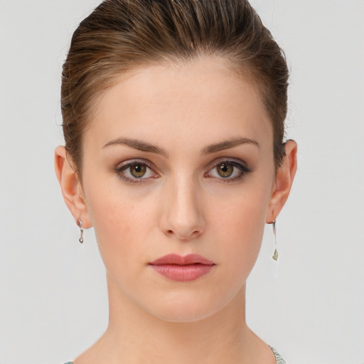 Neutral white young-adult female with short  brown hair and brown eyes