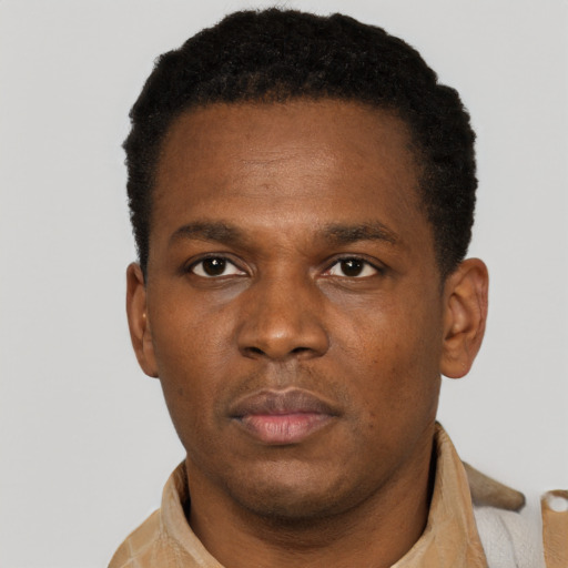 Neutral black young-adult male with short  black hair and brown eyes