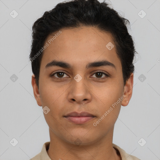 Neutral latino young-adult male with short  brown hair and brown eyes