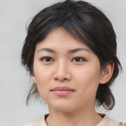 Neutral asian young-adult female with medium  brown hair and brown eyes