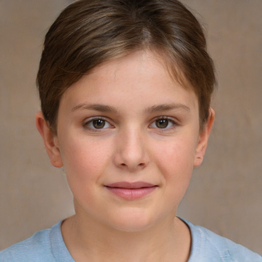 Joyful white child female with short  brown hair and brown eyes