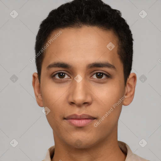 Neutral latino young-adult male with short  brown hair and brown eyes