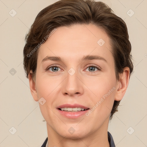 Joyful white adult female with short  brown hair and grey eyes