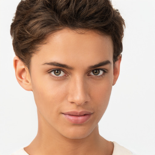 Neutral white young-adult female with short  brown hair and brown eyes