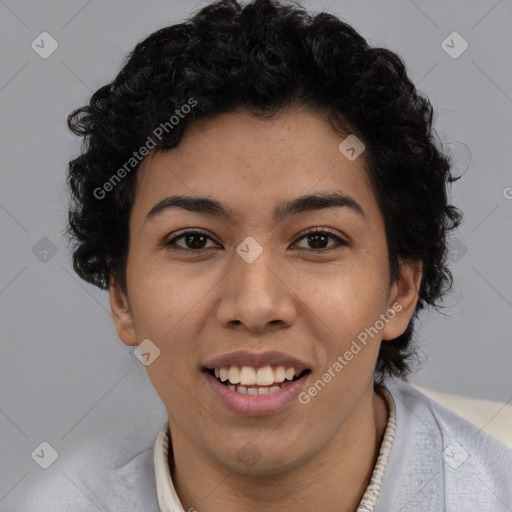 Joyful latino young-adult female with short  brown hair and brown eyes