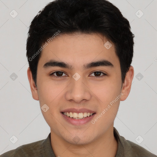 Joyful white young-adult male with short  black hair and brown eyes