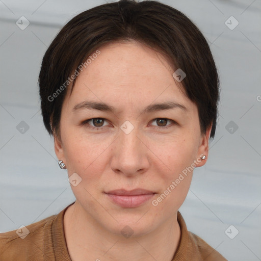 Joyful white young-adult female with short  brown hair and brown eyes