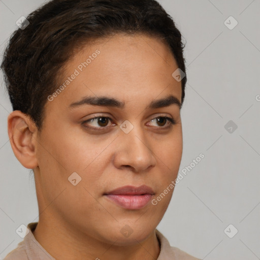 Joyful latino young-adult female with short  brown hair and brown eyes