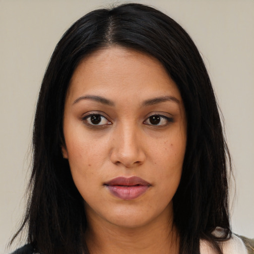 Neutral latino young-adult female with long  black hair and brown eyes