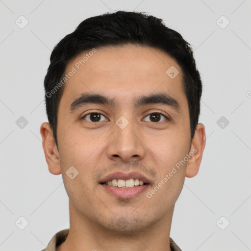 Joyful latino young-adult male with short  black hair and brown eyes