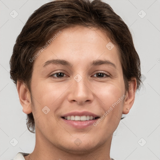 Joyful white young-adult female with short  brown hair and grey eyes