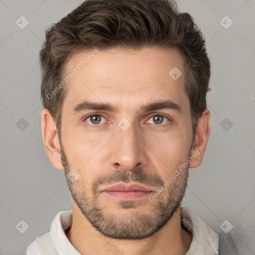 Neutral white young-adult male with short  brown hair and brown eyes