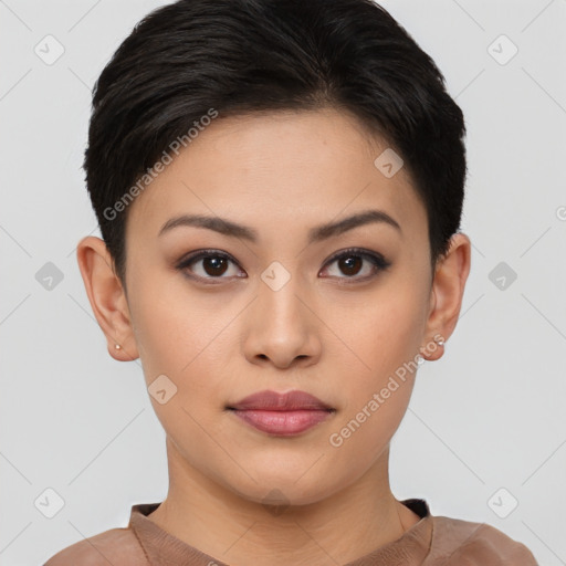 Joyful asian young-adult female with short  brown hair and brown eyes