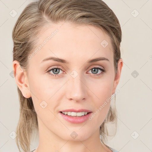 Joyful white young-adult female with medium  brown hair and blue eyes