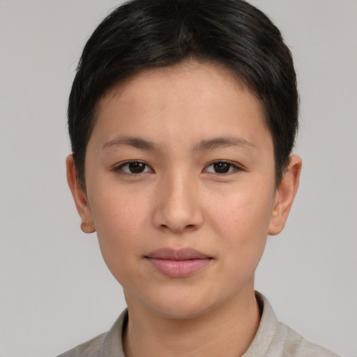 Neutral asian young-adult female with short  brown hair and brown eyes